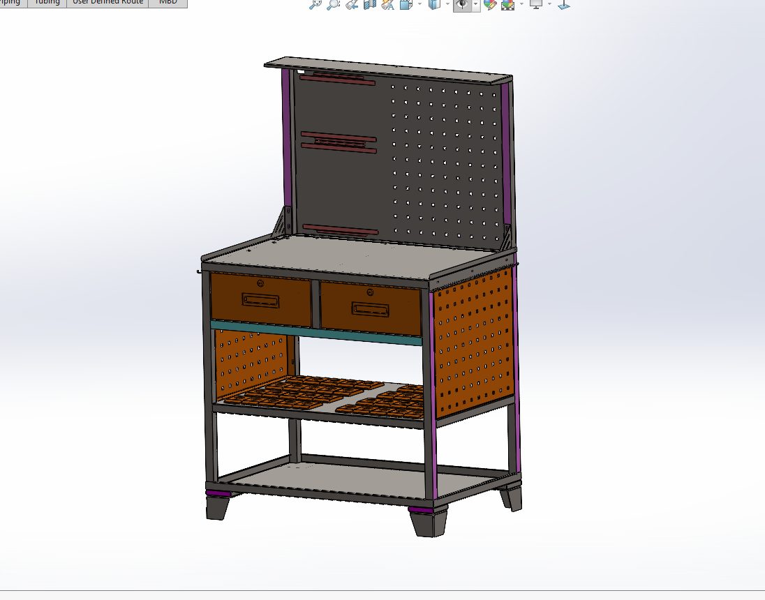 Thiết kế 3D bàn thao tác có bảng gá dụng cụ và ngăn kéo
